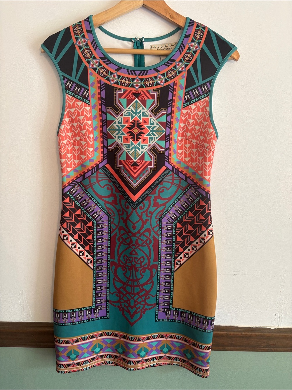 Flying Tomato Sleeveless Geometric Print women’s Dress in Teal & Coral